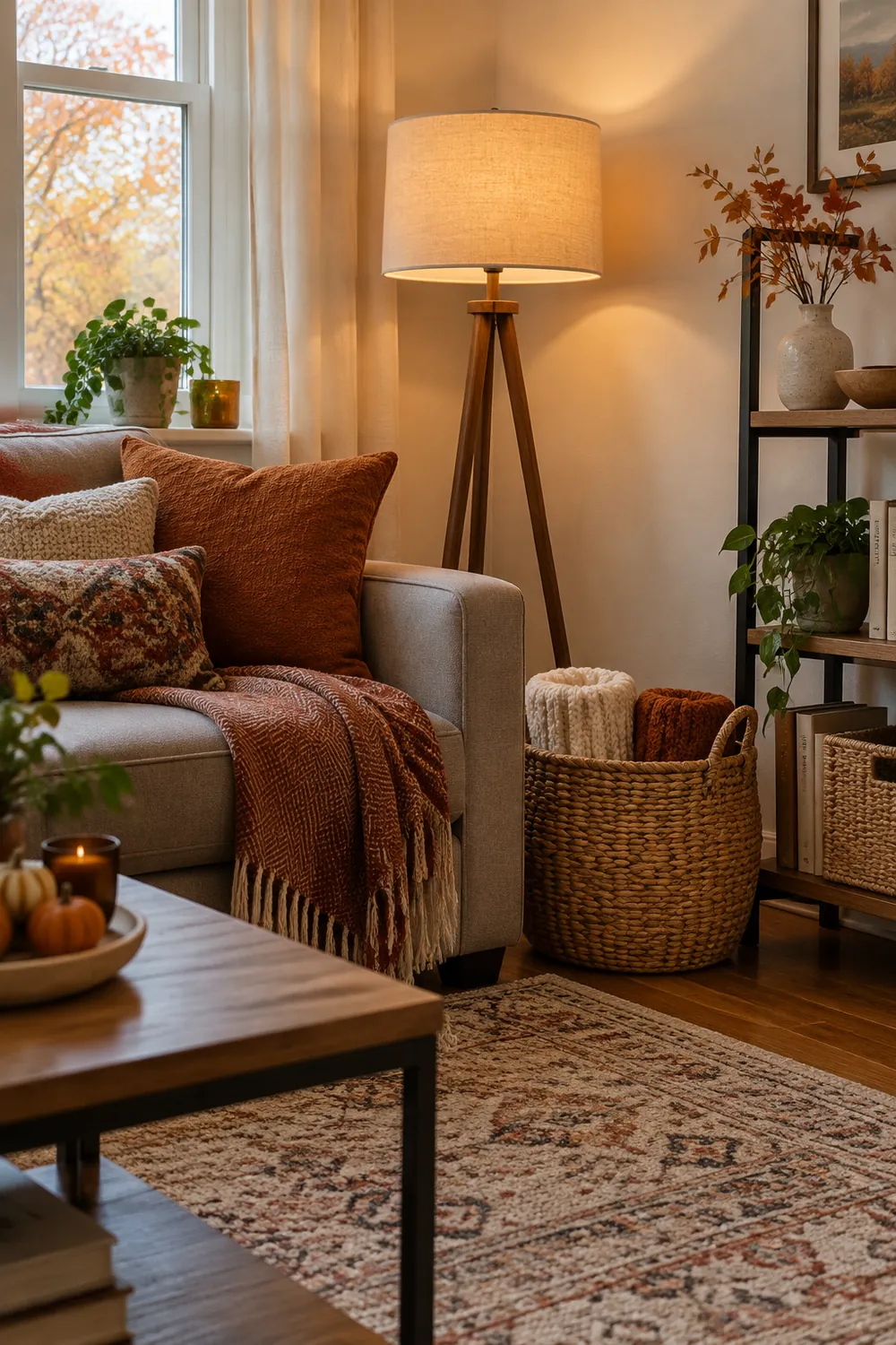 Woven basket with two rolled blankets beside a sofa with a glowing floor lamp and a fall branch in a vase