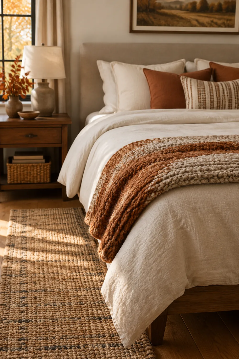 Knitted oat and rust throw folded at the foot of a made bed with a woven rug beside it