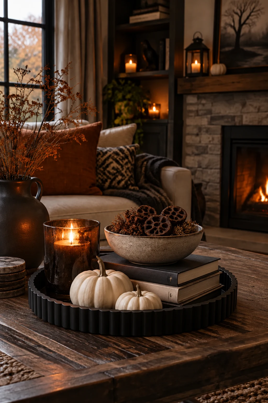 Coffee table tray with a dark candle, two small white pumpkins, stacked books and a bowl of dried seed pods