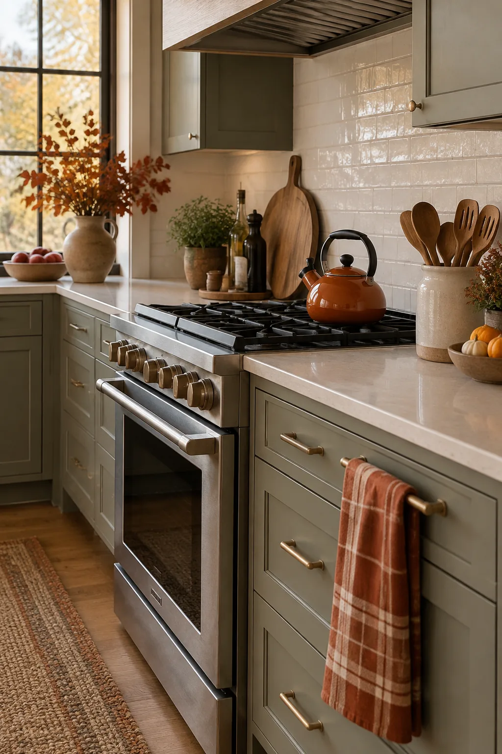 Illustrated stovetop with a kettle, a towel on a drawer handle and wooden spoons kept at the far end of the counter