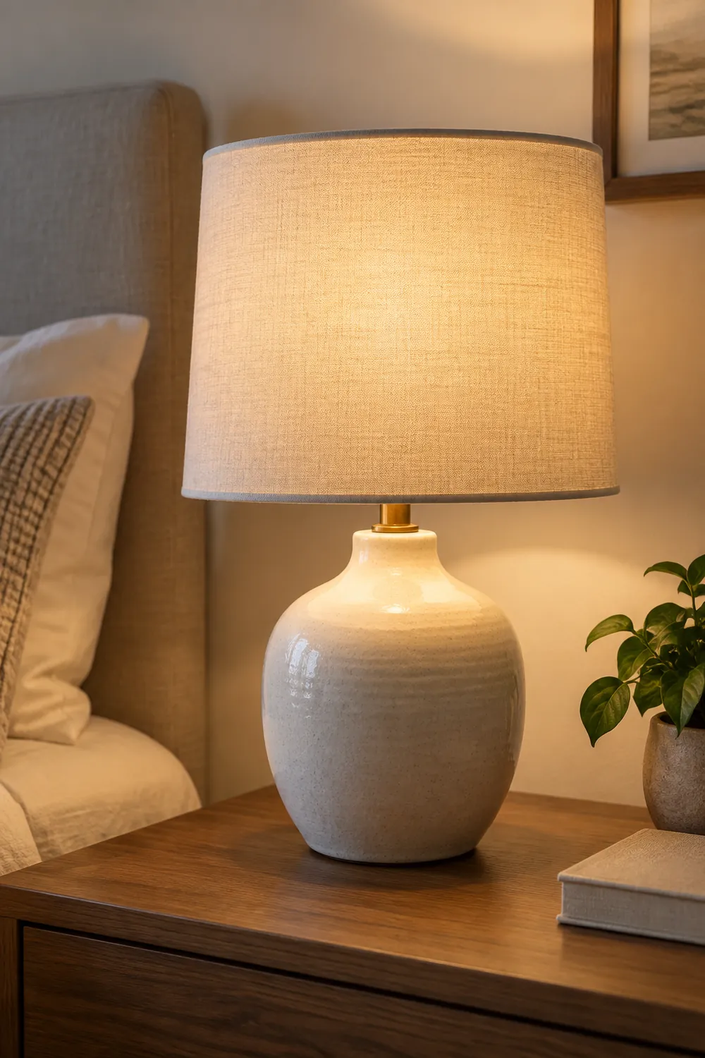 Warm white LED bulb glowing inside a ceramic bedside lamp with a linen shade