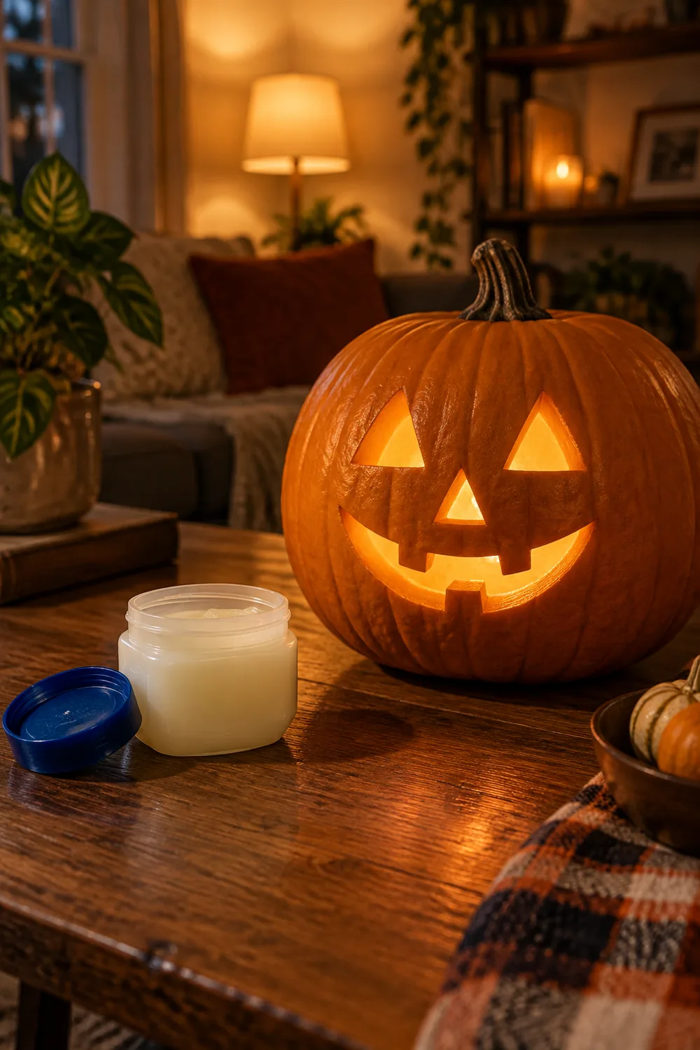Open jar of petroleum jelly beside a carved pumpkin on a wooden table