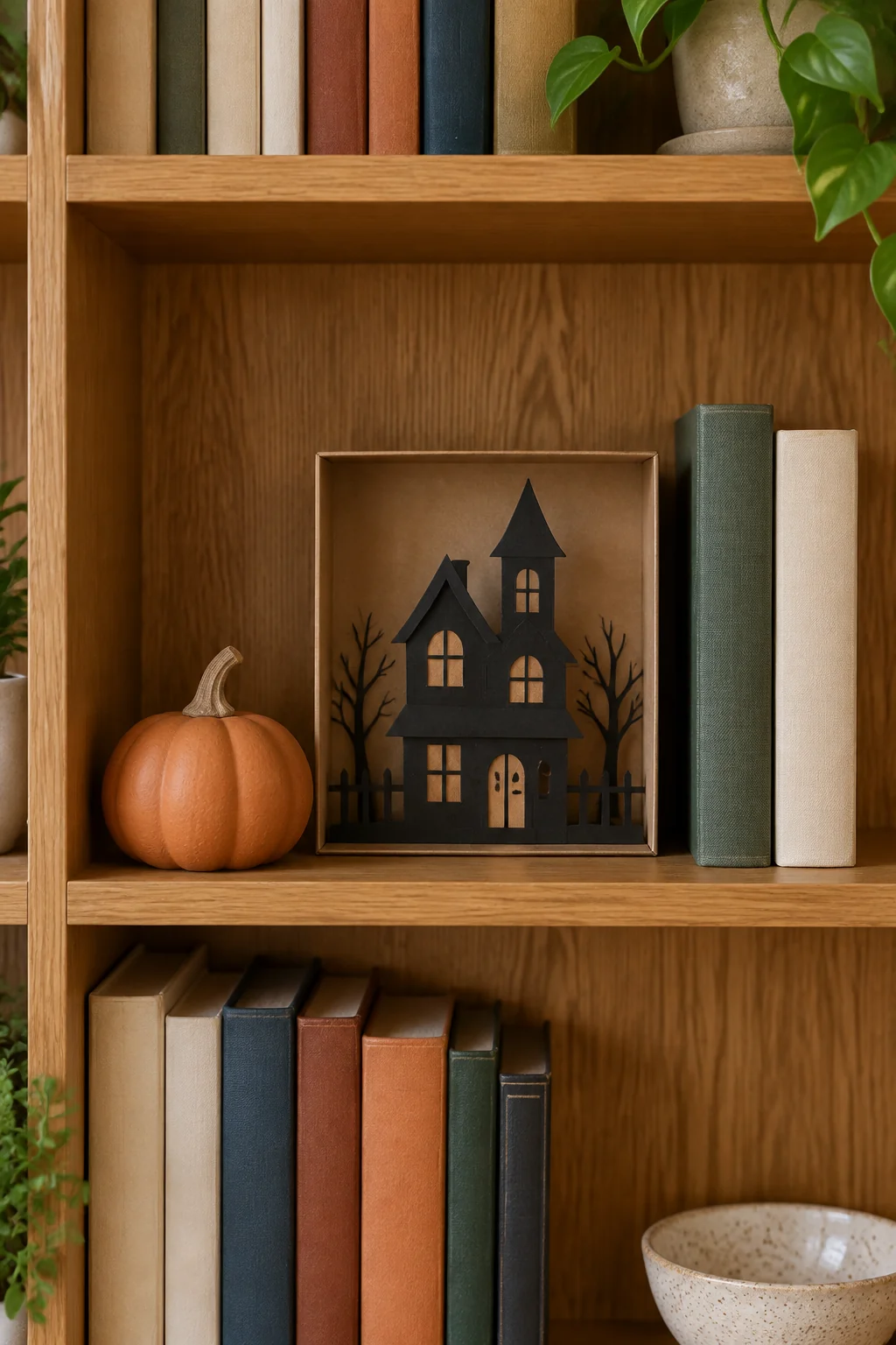 Illustrated pumpkin and paper haunted house beside upright books