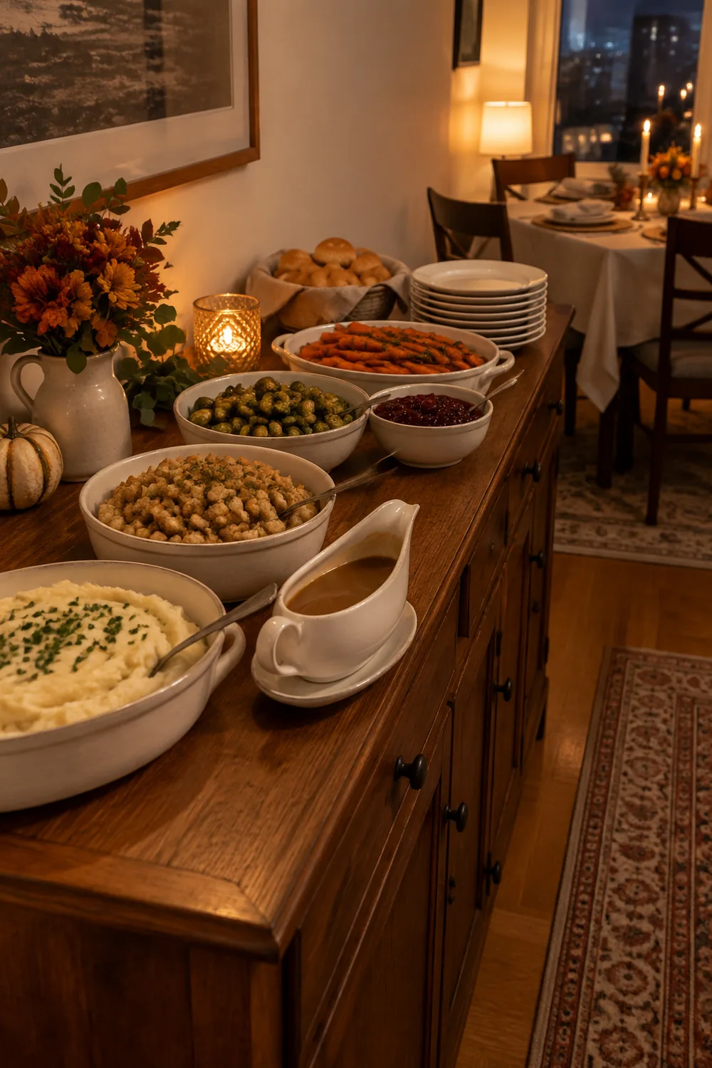 Sideboard beside a small dining table holding Thanksgiving side dishes for buffet serving