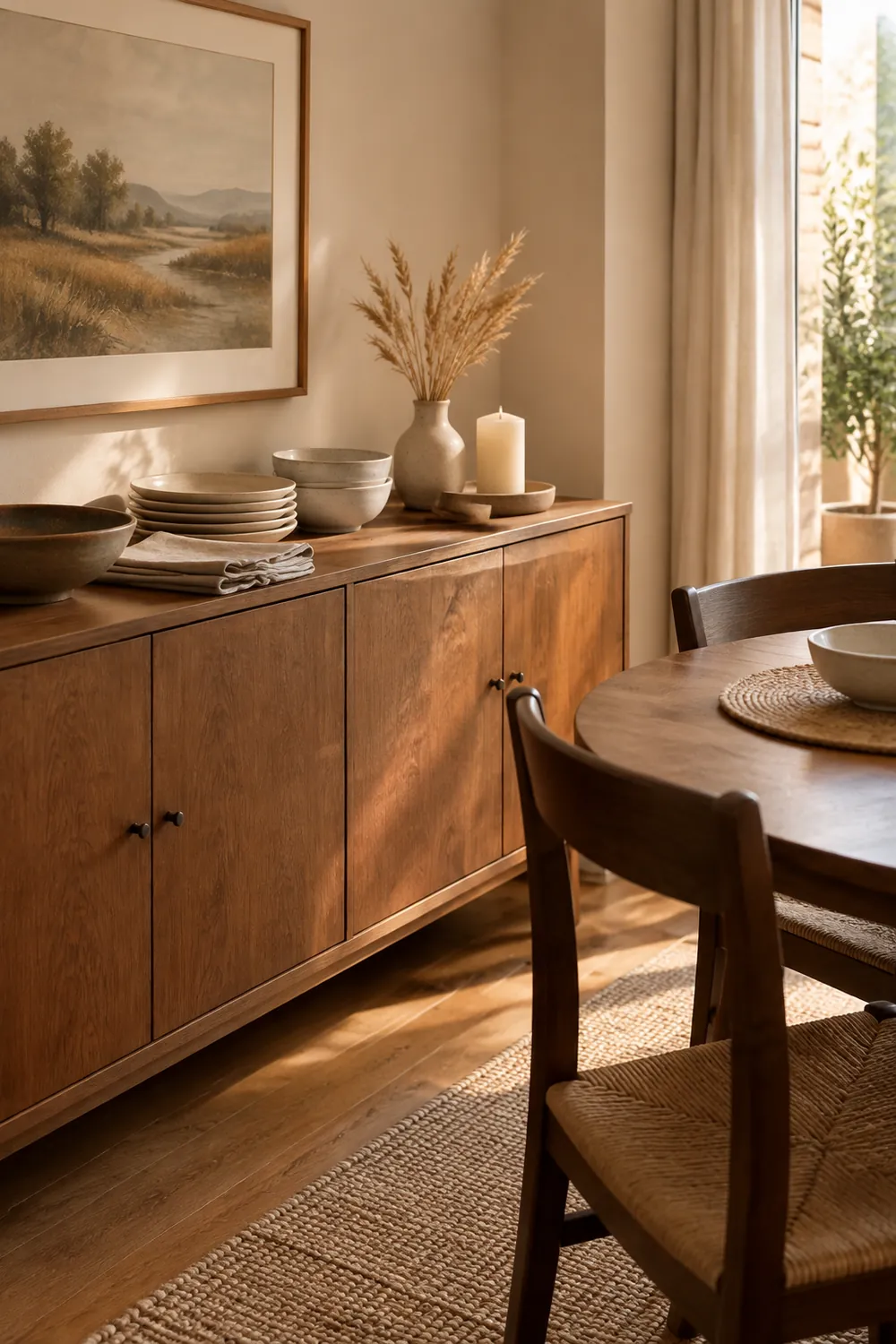 Apartment sideboard holding serving dishes, napkins and a dried wheat vase beside a small dining table