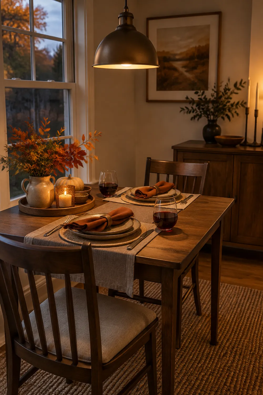 Small dining table at dinner time with the centerpiece tray moved to one side and two place settings under a warm pendant light