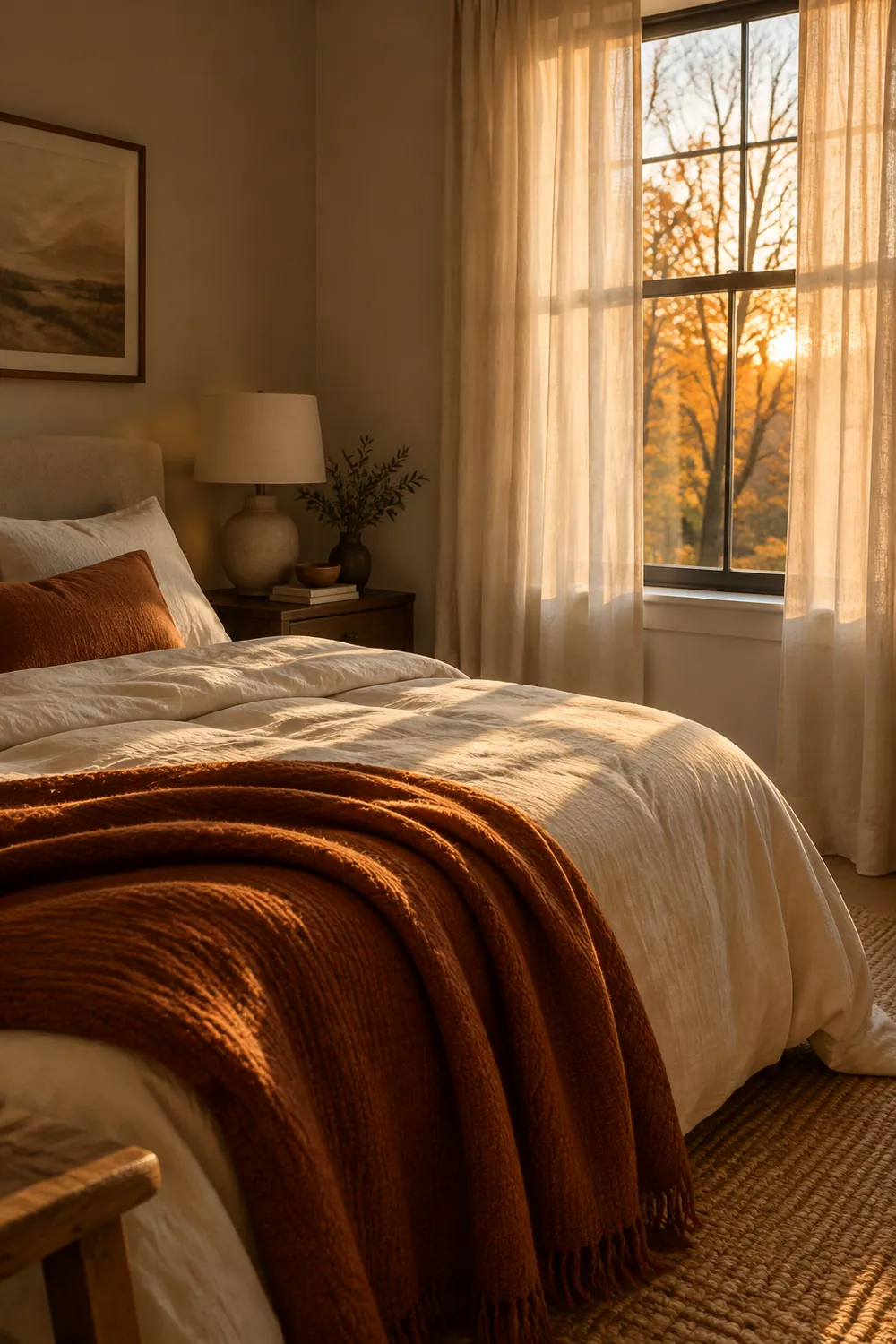 Bedroom window with sheer curtains and evening light across a bed with a cream duvet and a rust blanket