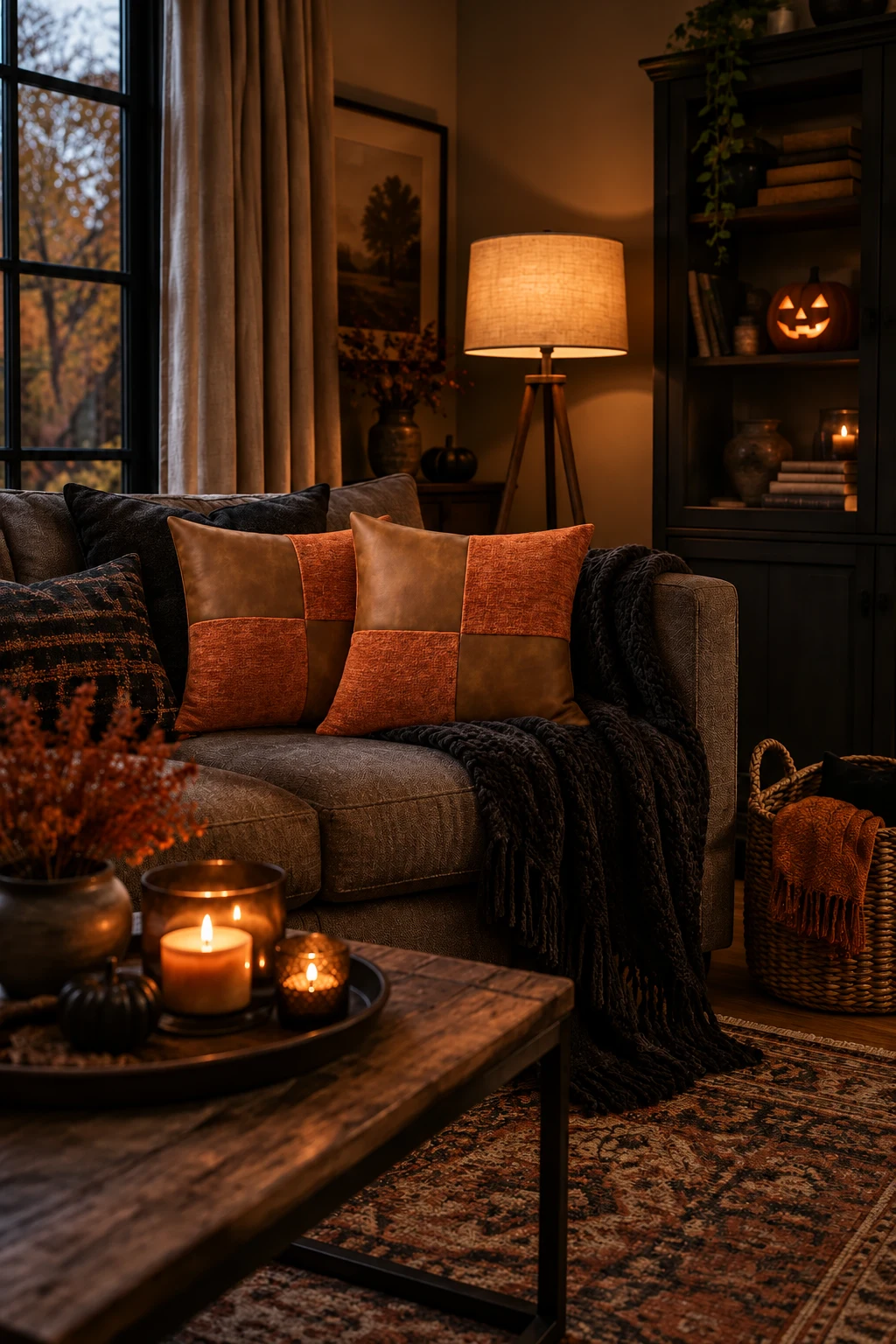 Sofa corner with charcoal and rust pillows, a dark knit throw, a floor lamp and a basket in warm evening light