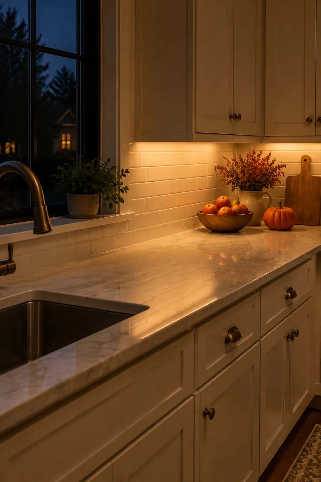 Illustrated kitchen counter at night under warm cabinet lighting with a small pumpkin and fruit bowl