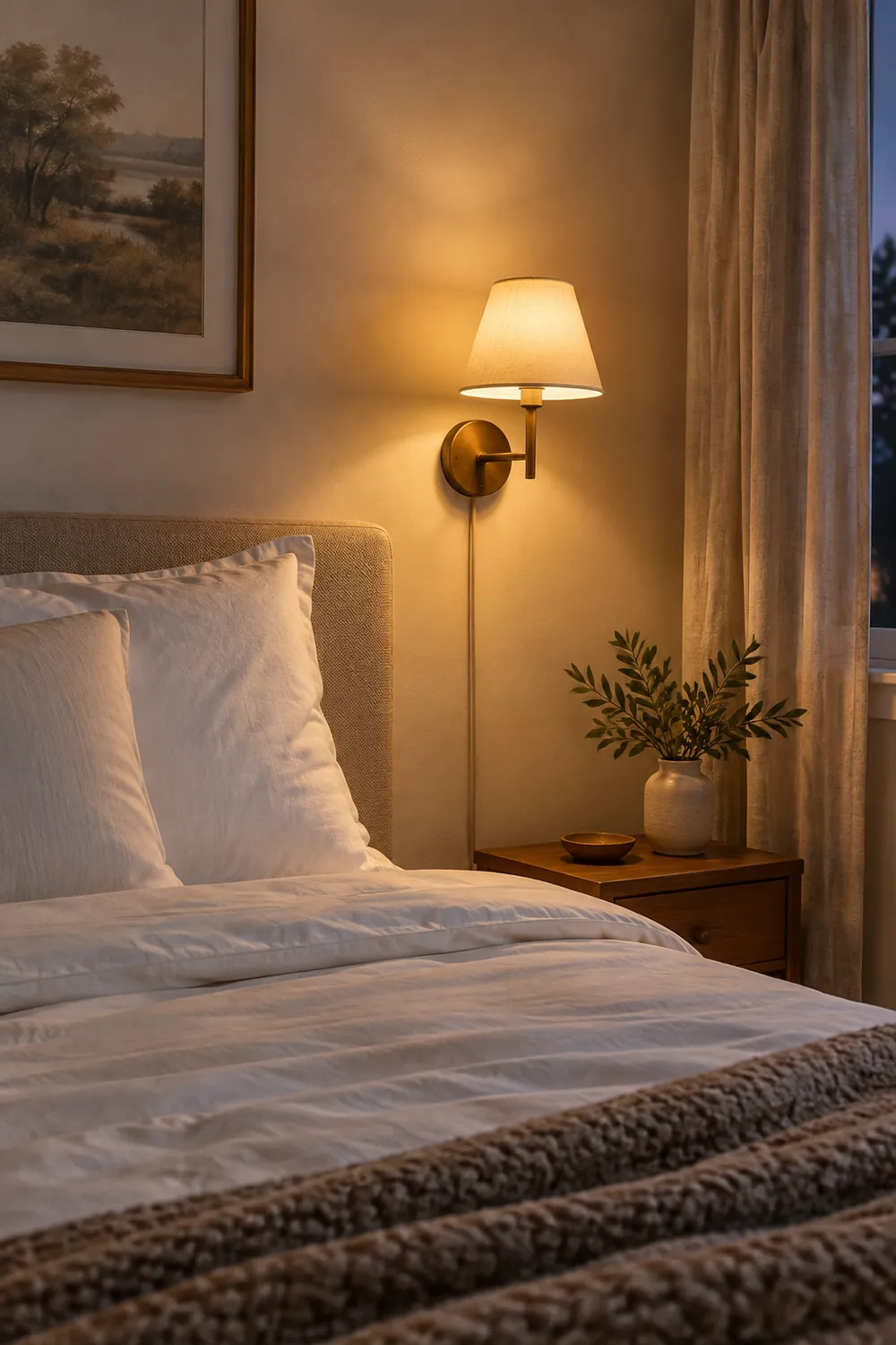 Plug-in wall sconce giving warm light over a bed with white linen