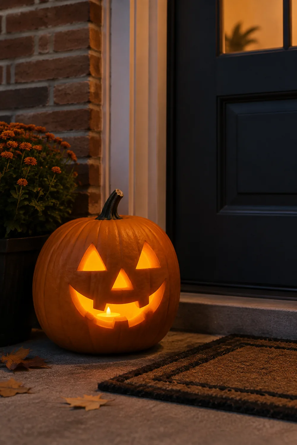 Carved pumpkin glowing from a battery tea light on an apartment doorstep in the evening