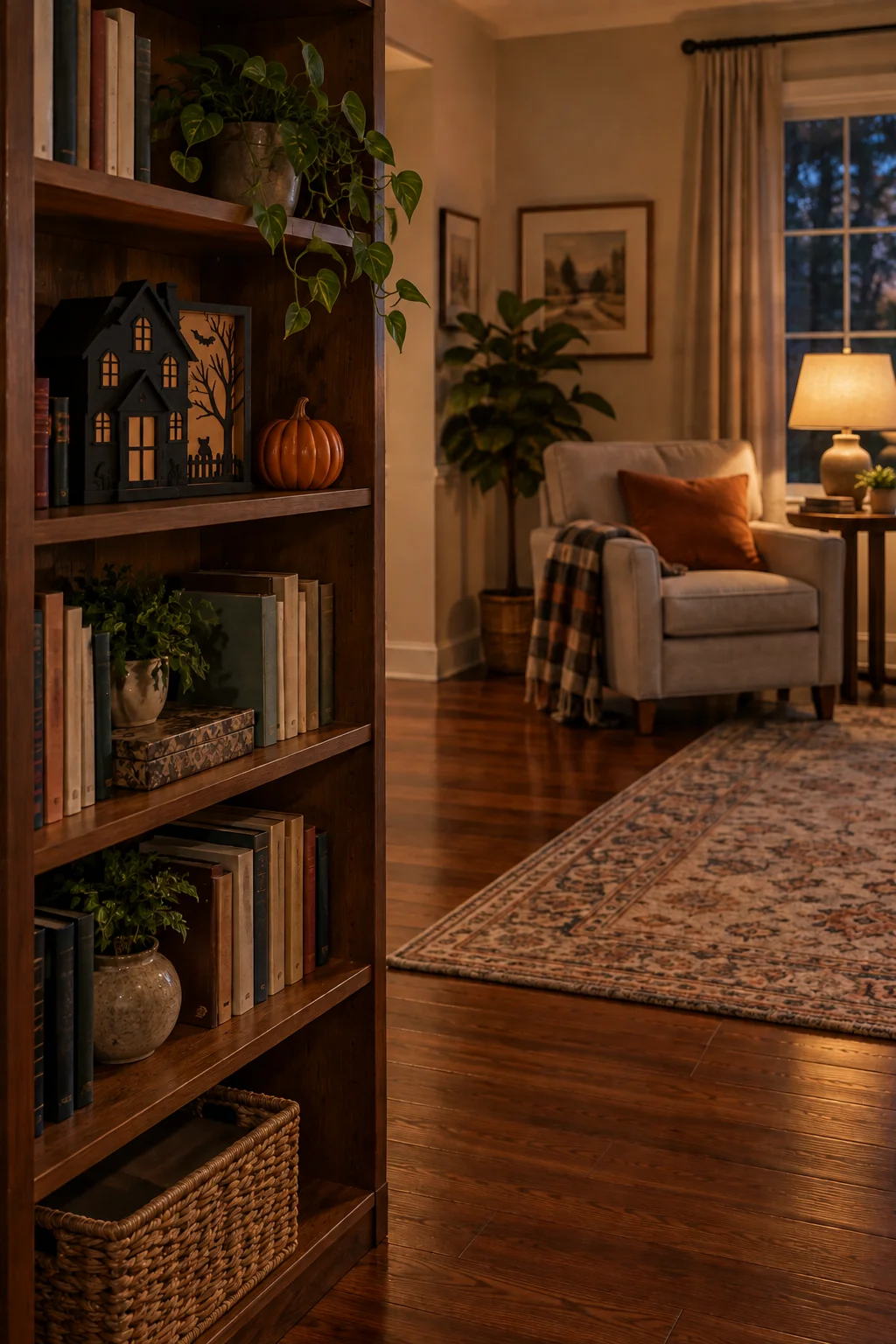 Illustrated Halloween shelf and separate room lamp with clear floor space