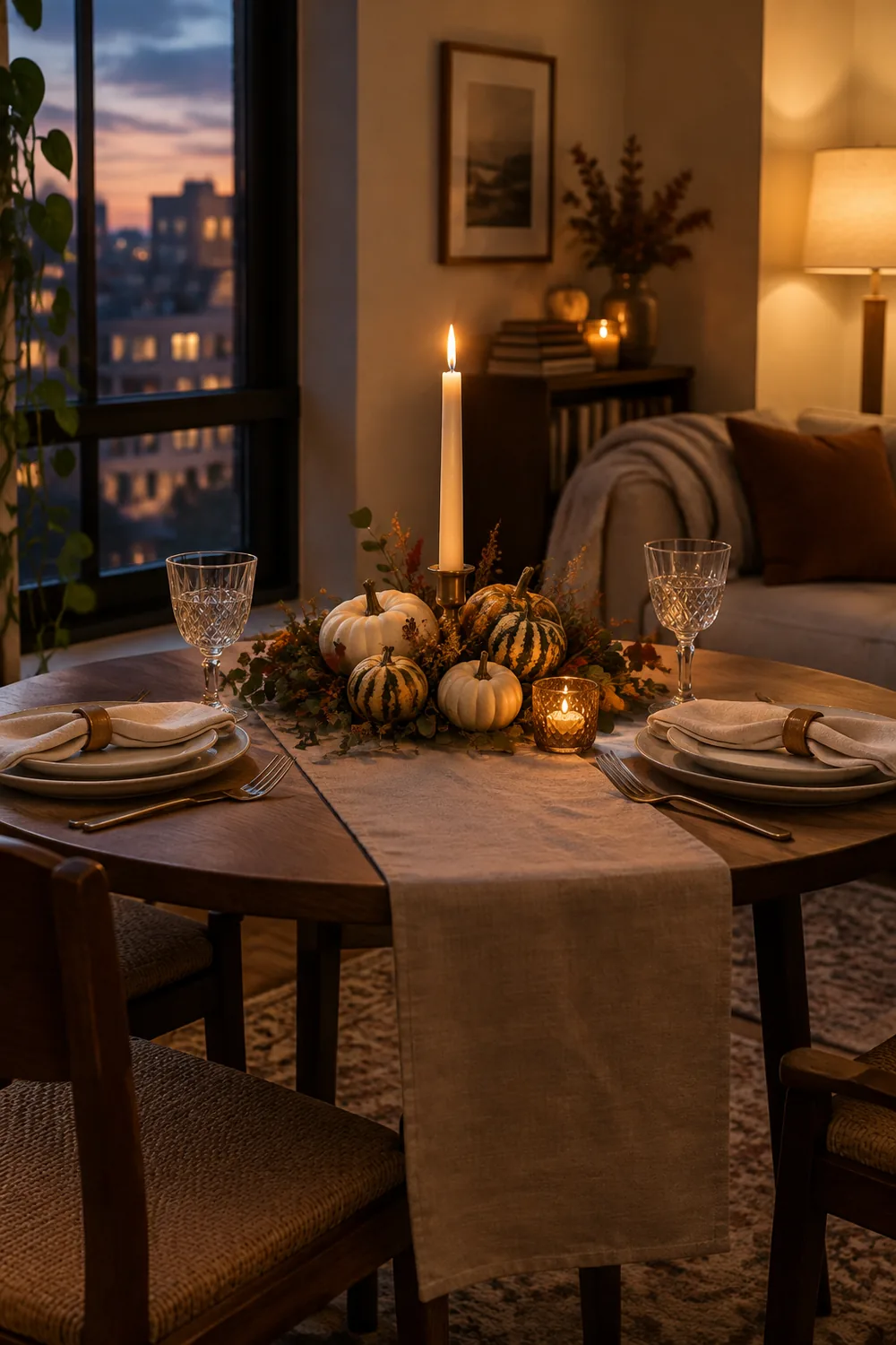 Low Thanksgiving centerpiece of mini pumpkins and a candle between two place settings
