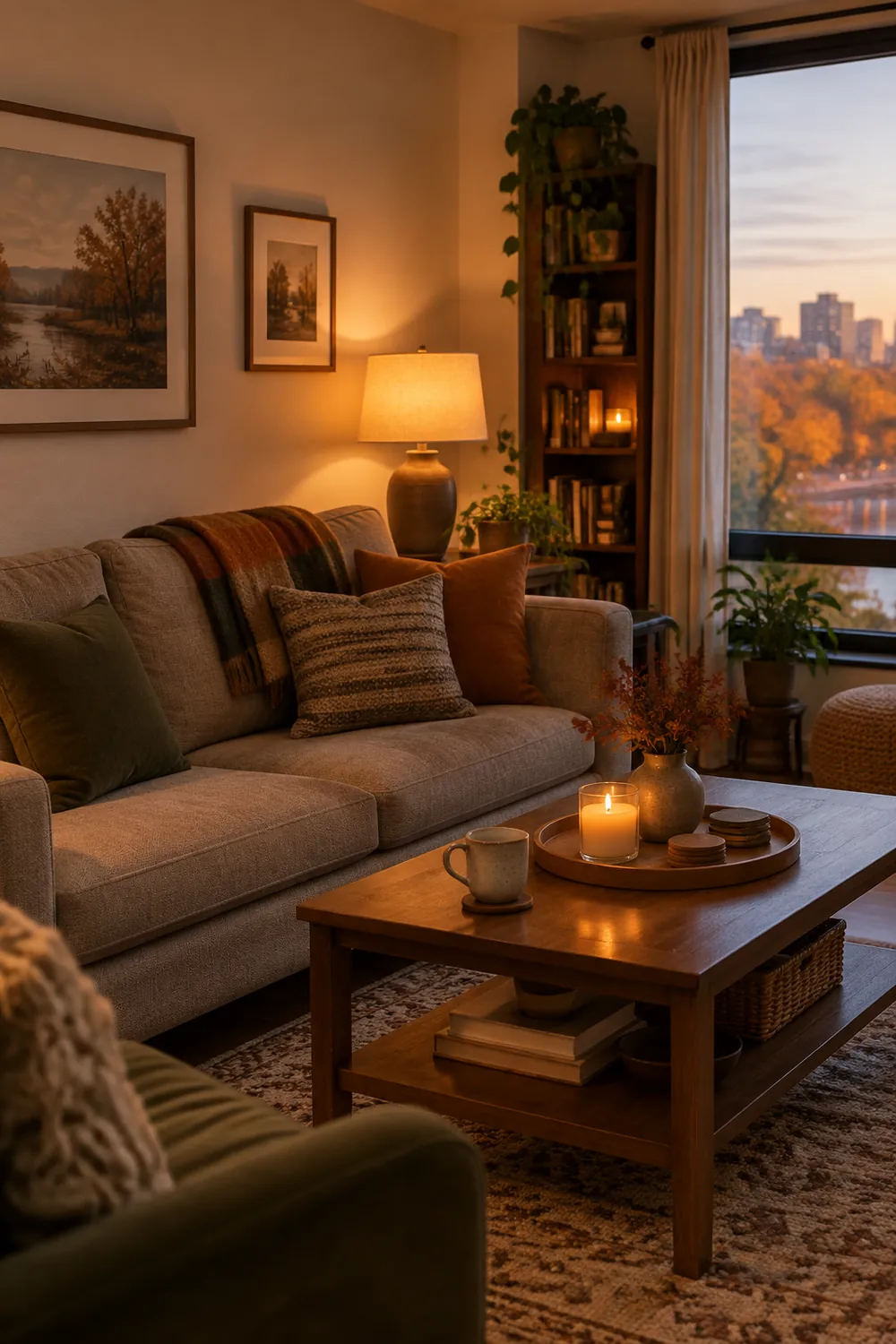Evening living room with a wool throw over a sofa back, warm lamp light and a candle on a tray with books