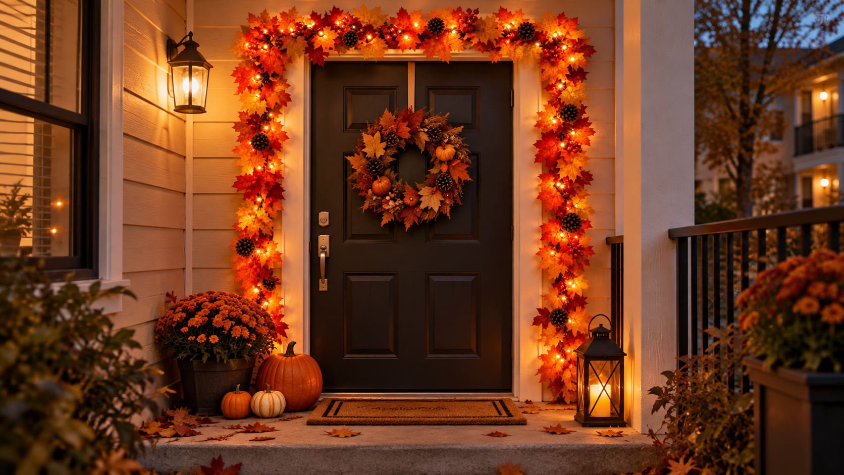 Small apartment porch decorated for Halloween with pumpkins, a lantern and a fall wreath in warm evening light