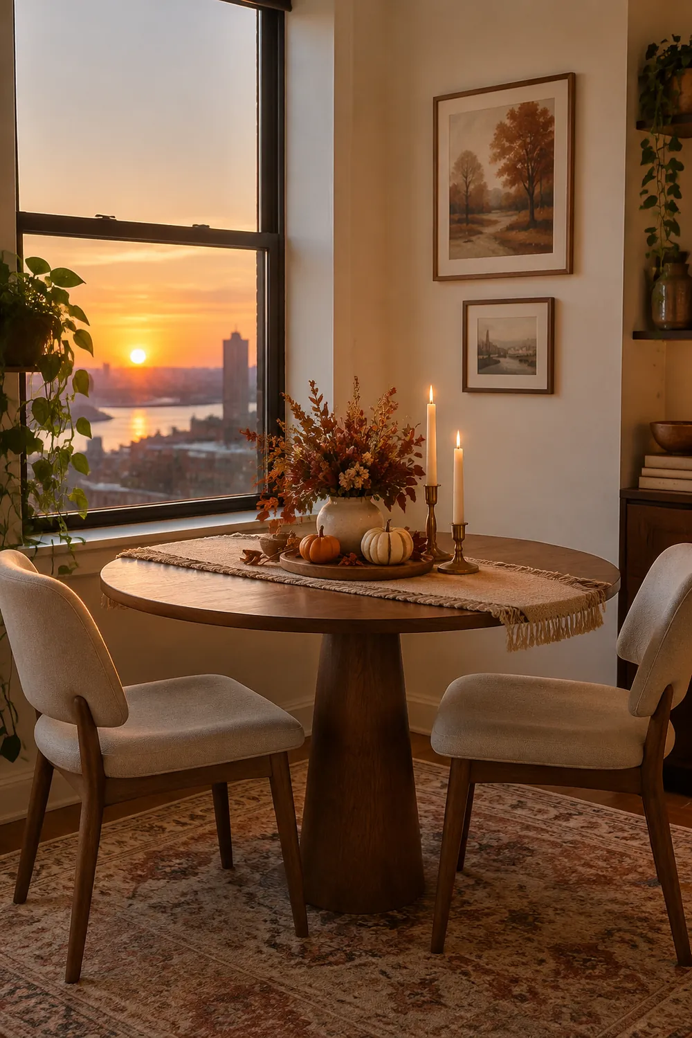 Small dining nook by a window with a round table and a low rust and cream Thanksgiving centerpiece