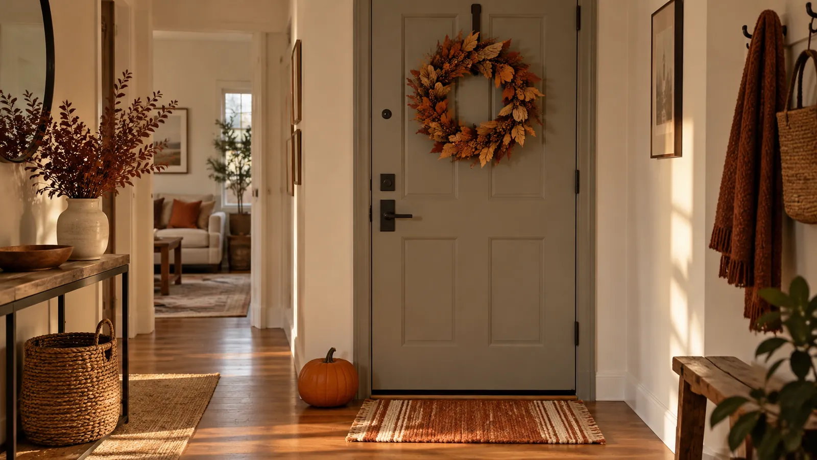 Apartment front door with a fall wreath on an over-the-door hook, a striped doormat and a small pumpkin