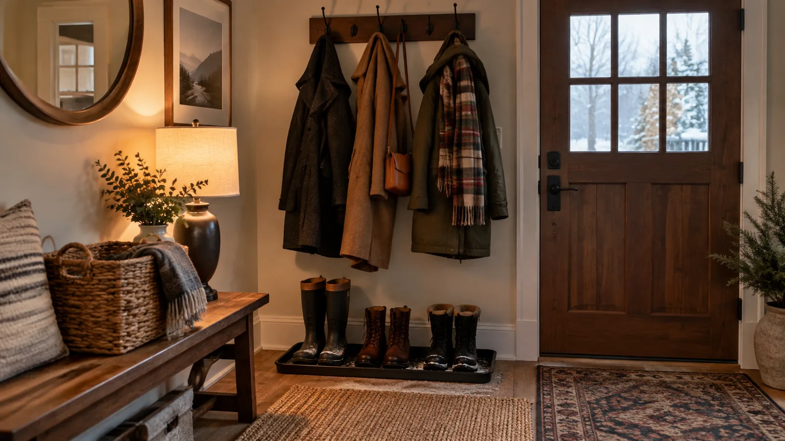 Small apartment entryway with wall hooks holding winter coats, a boot tray and a basket in warm light