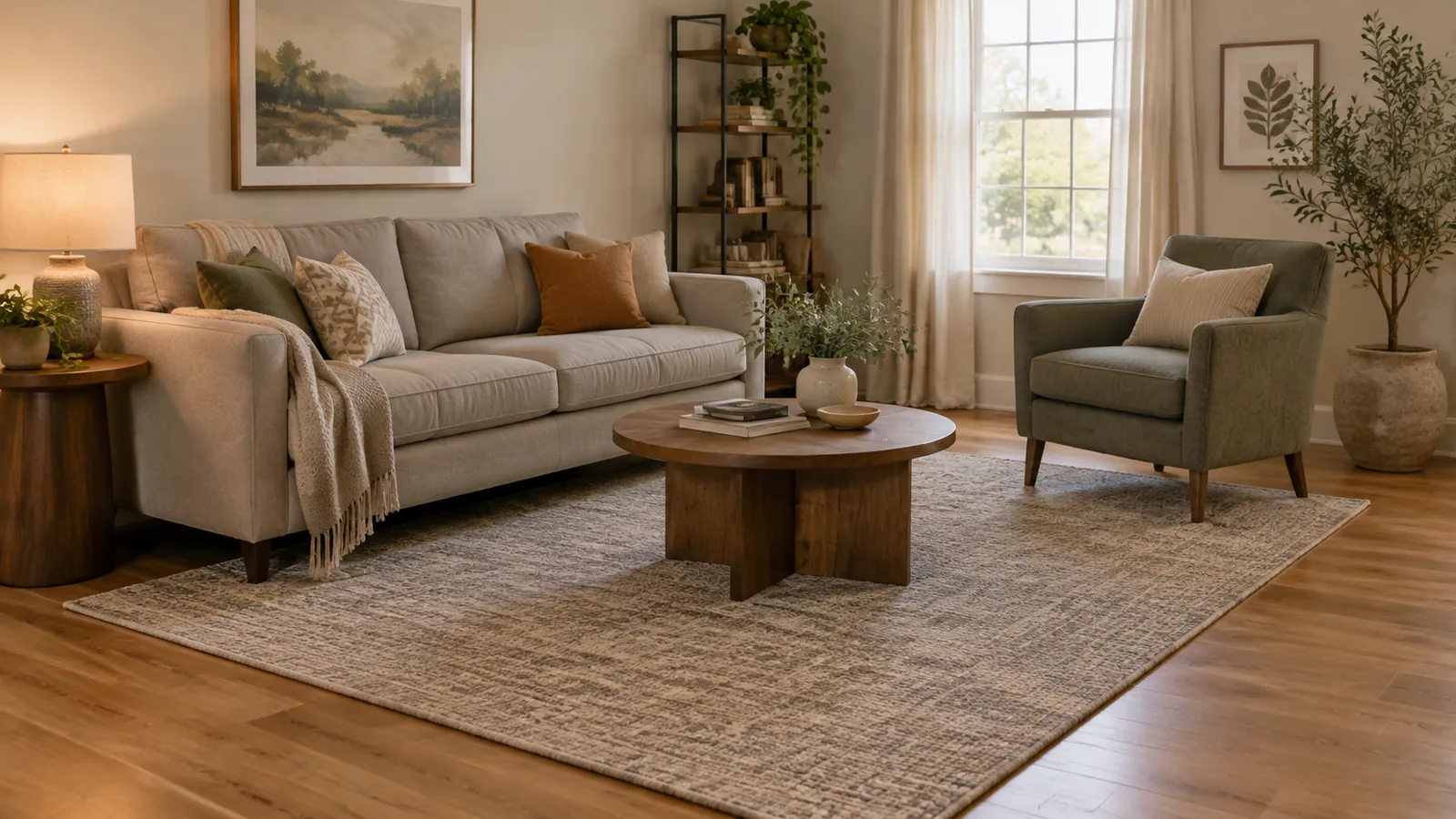 Small living room with a sofa and armchair with their front legs on a neutral area rug and bare wood floor around it