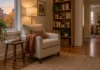A Fall Reading Corner That Works After Sunset Illustrated fall reading chair with side table and floor lamp