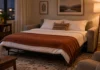 How to Make a Sofa Bed Comfortable Enough for Overnight Guests Open sofa bed in a cozy living room made up with a mattress topper and real bedding beside a warm floor lamp