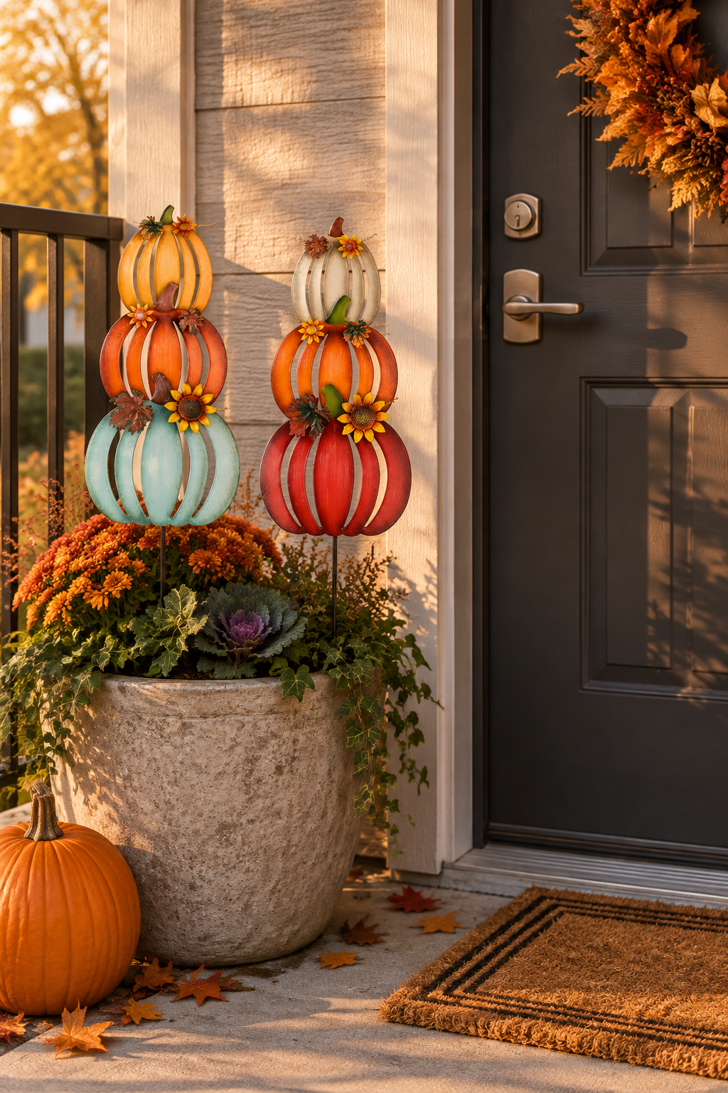 Two stacked pumpkins on the floor beside an apartment door on a small porch
