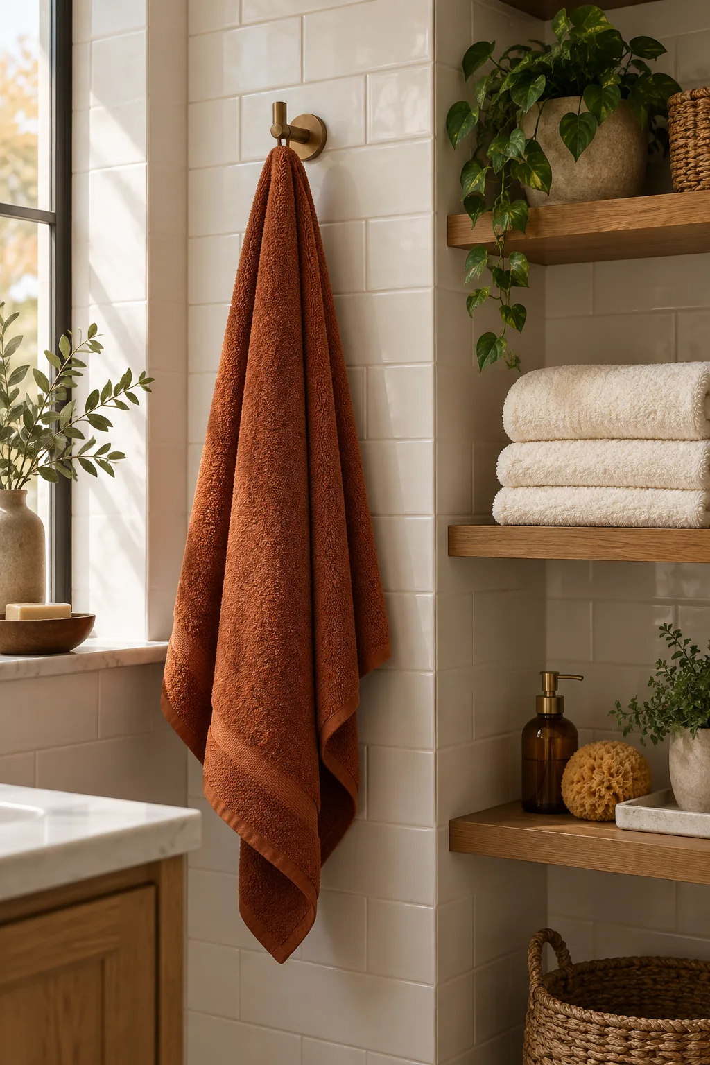 Illustrated rust bath towel on a wall hook beside folded cream towels on an open shelf