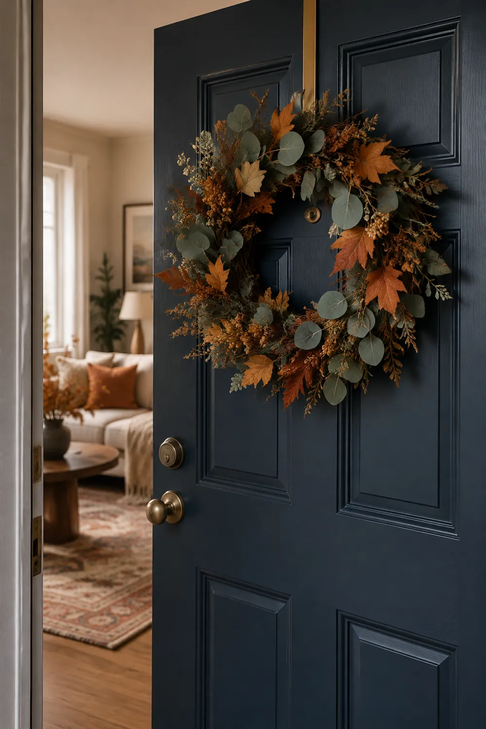 Eucalyptus and dried orange leaf fall wreath on a navy apartment door hung from a brass over-the-door hanger