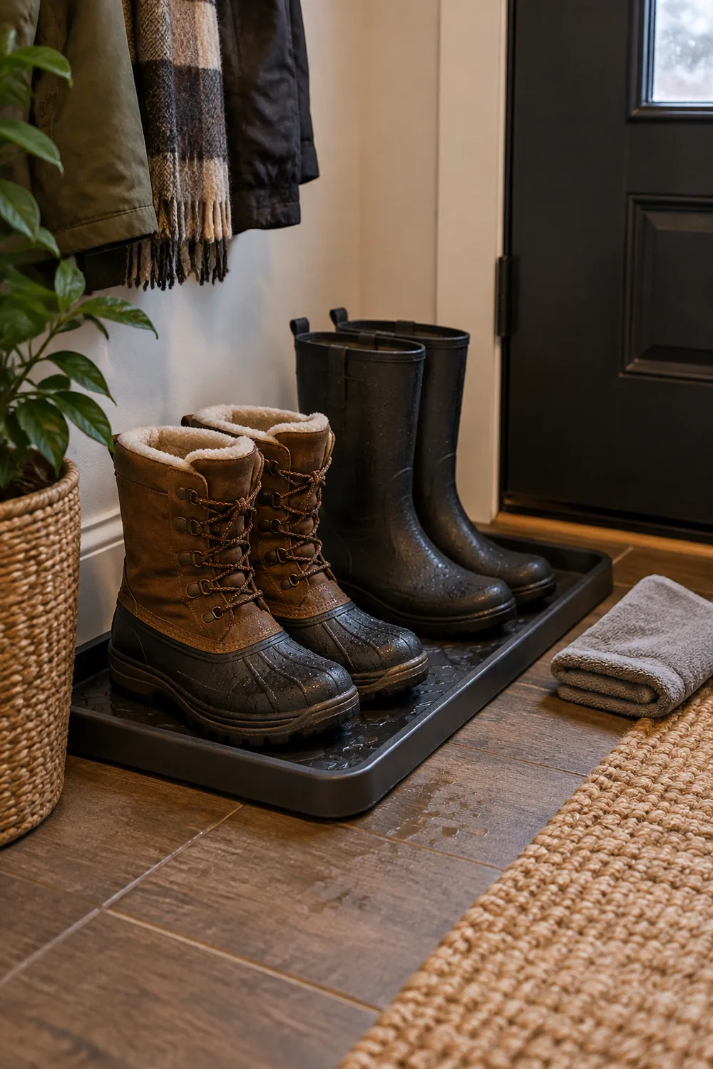 Boot tray with wet winter boots and a small towel beside it in an entryway