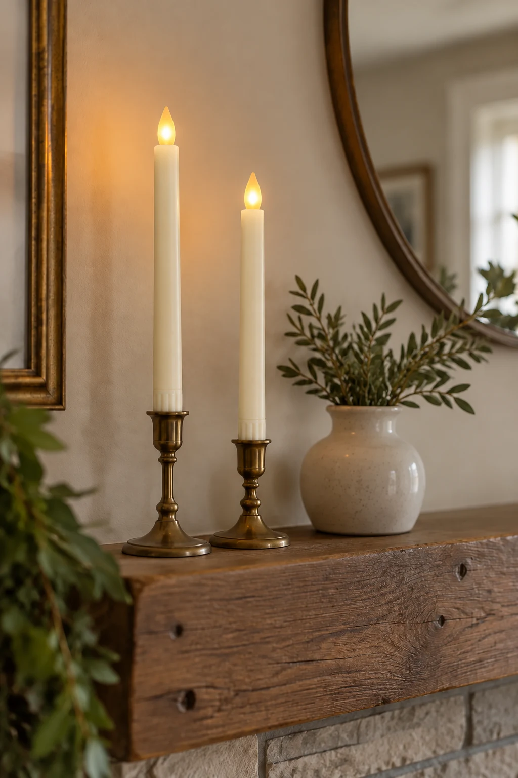 Two ivory flameless taper candles in brass holders on a wooden mantel beside a small ceramic vase