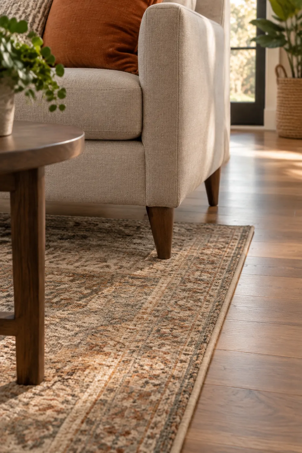 Front legs of a sofa resting on the edge of an area rug with a few inches of bare floor beyond