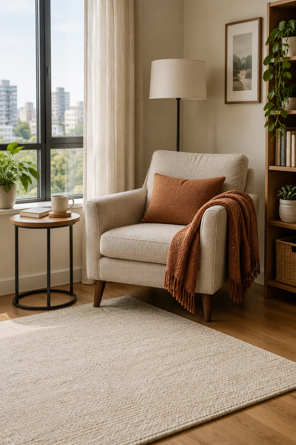 Illustrated reading chair near a window in daylight