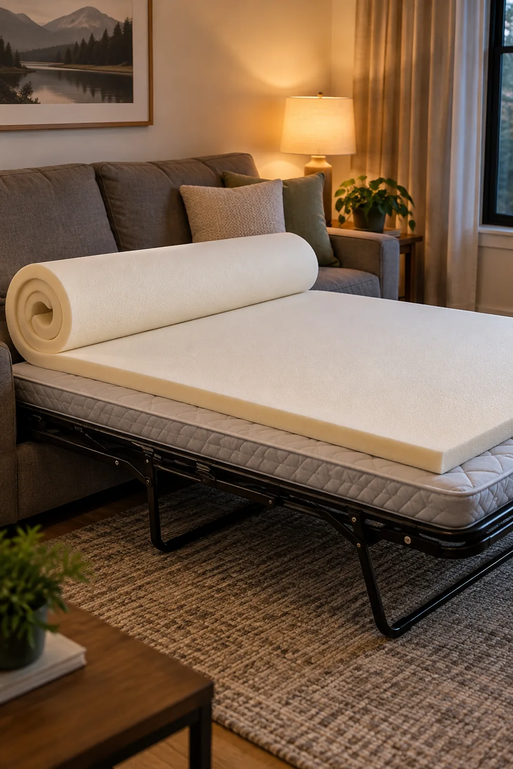 Memory foam topper half unrolled over a thin sofa bed mattress