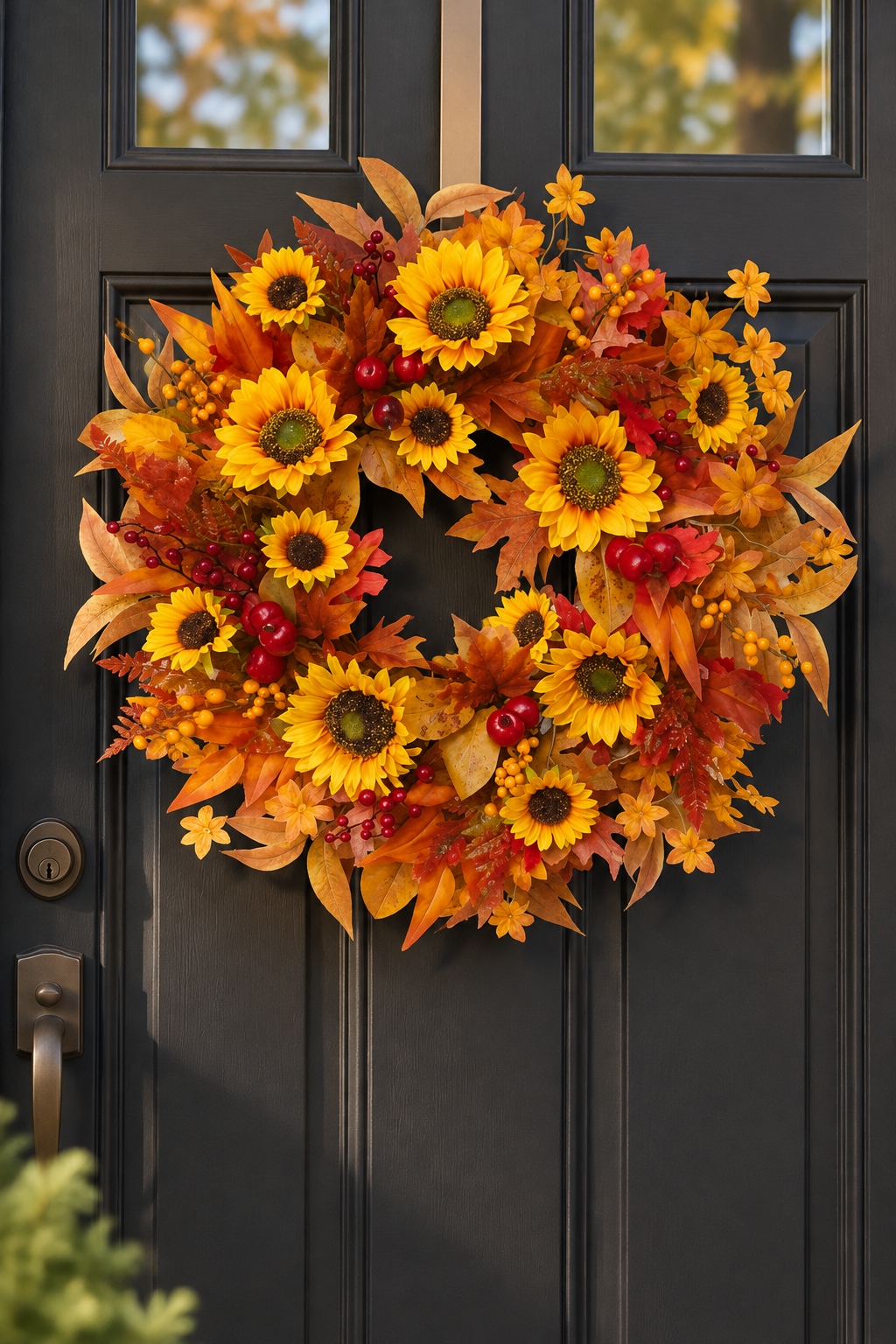 Orange and dried-leaf fall wreath on a dark apartment door, close up