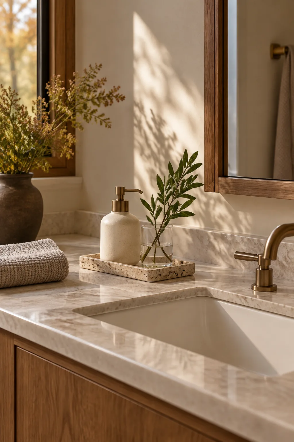 Illustrated bathroom sink counter with a soap pump, a small tray and a green sprig in a glass