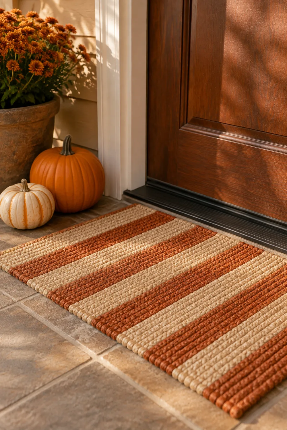Cream and rust striped doormat with two small pumpkins beside a wooden door