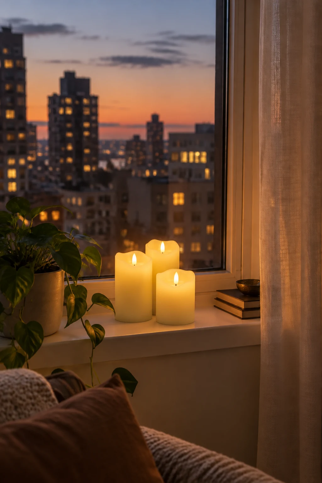 Three flameless pillar candles glowing on an apartment windowsill at dusk beside a curtain