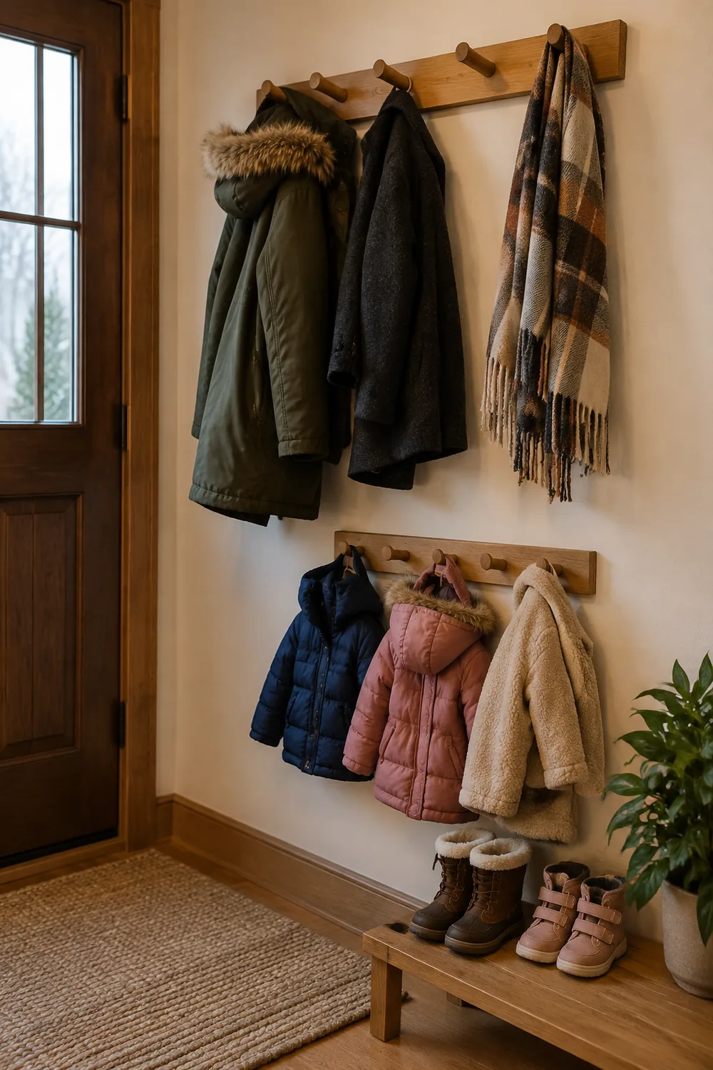 Wall hooks mounted at two heights holding adult and kids winter coats