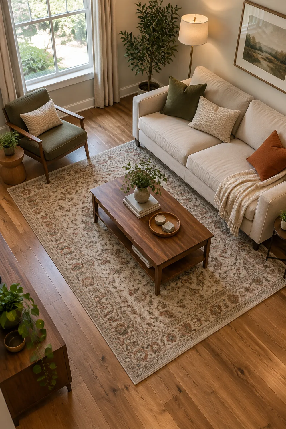 Small living room seen from above with a rug leaving floor margin around the sofa, coffee table and chair