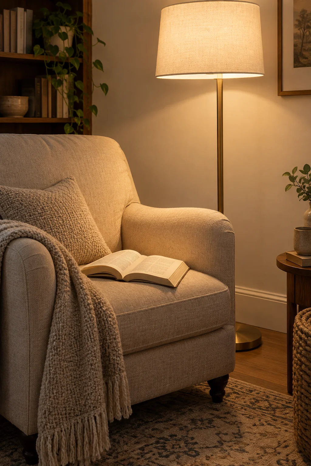 Illustrated reading lamp beside an armchair with an open book