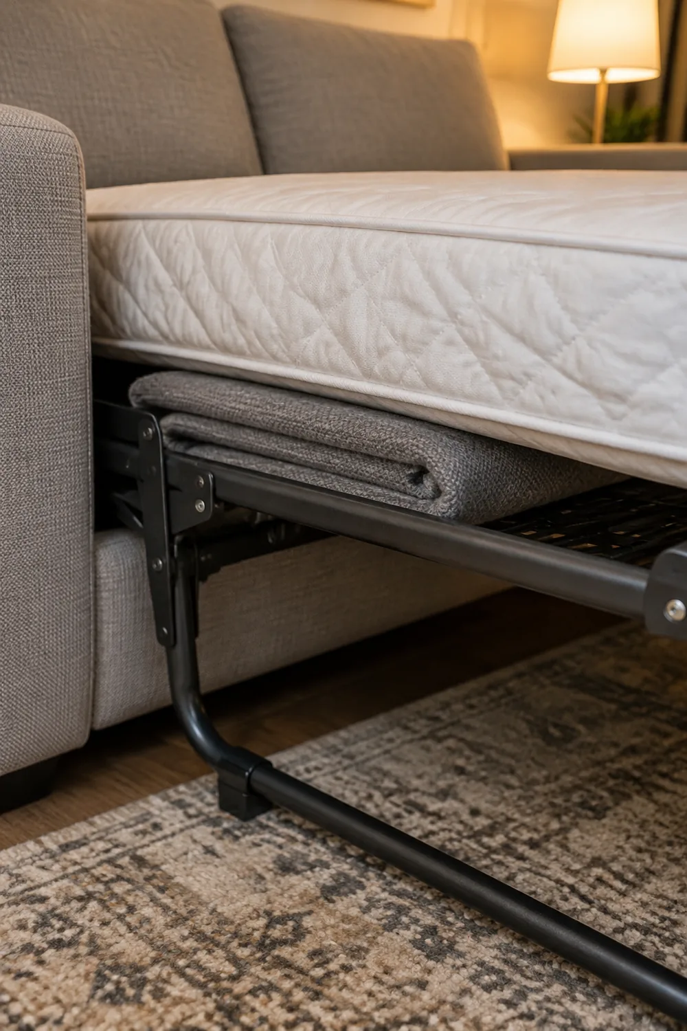 Folded wool blanket placed under the edge of a sofa bed mattress over the support bar