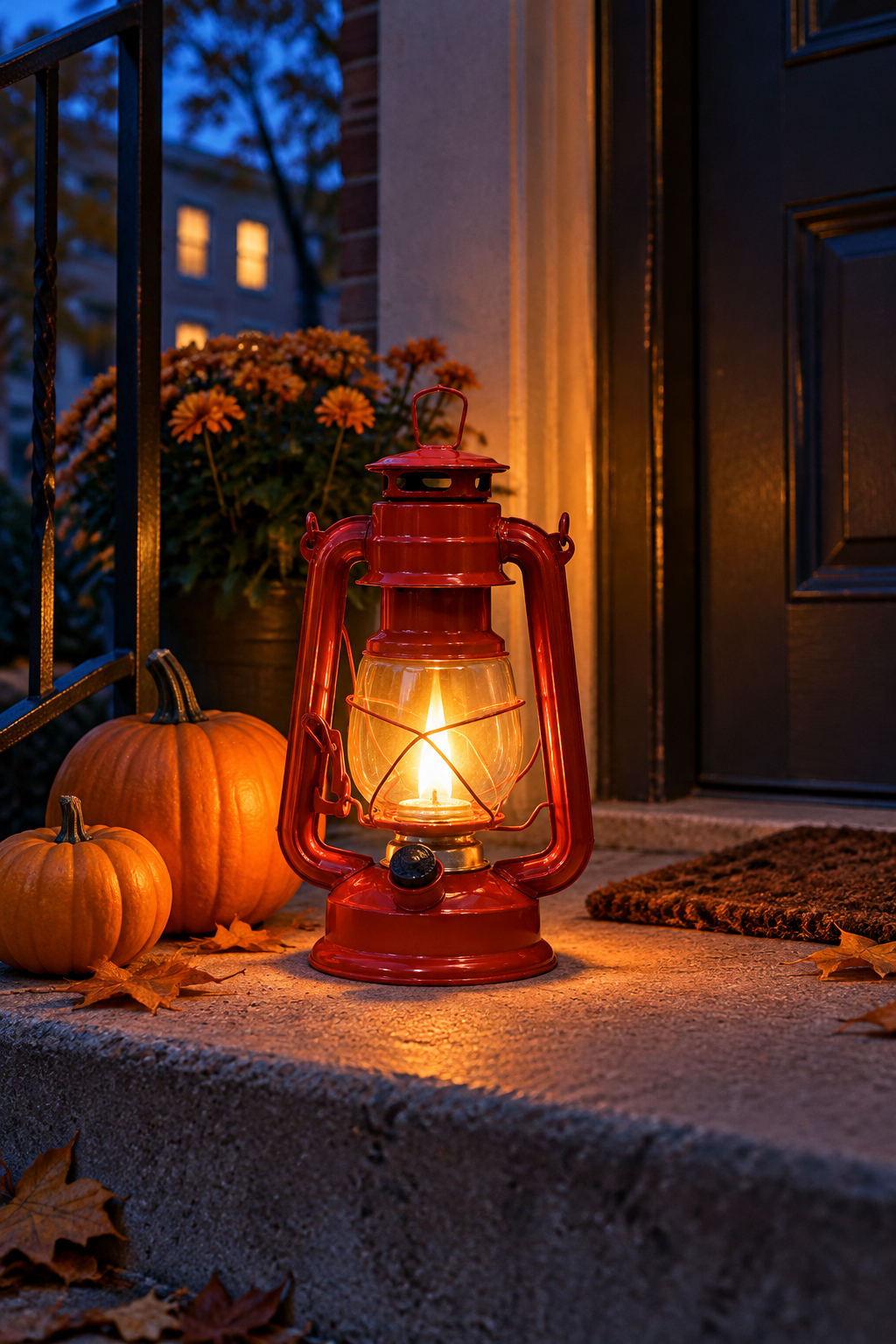 Battery lantern glowing on a concrete step outside an apartment at dusk
