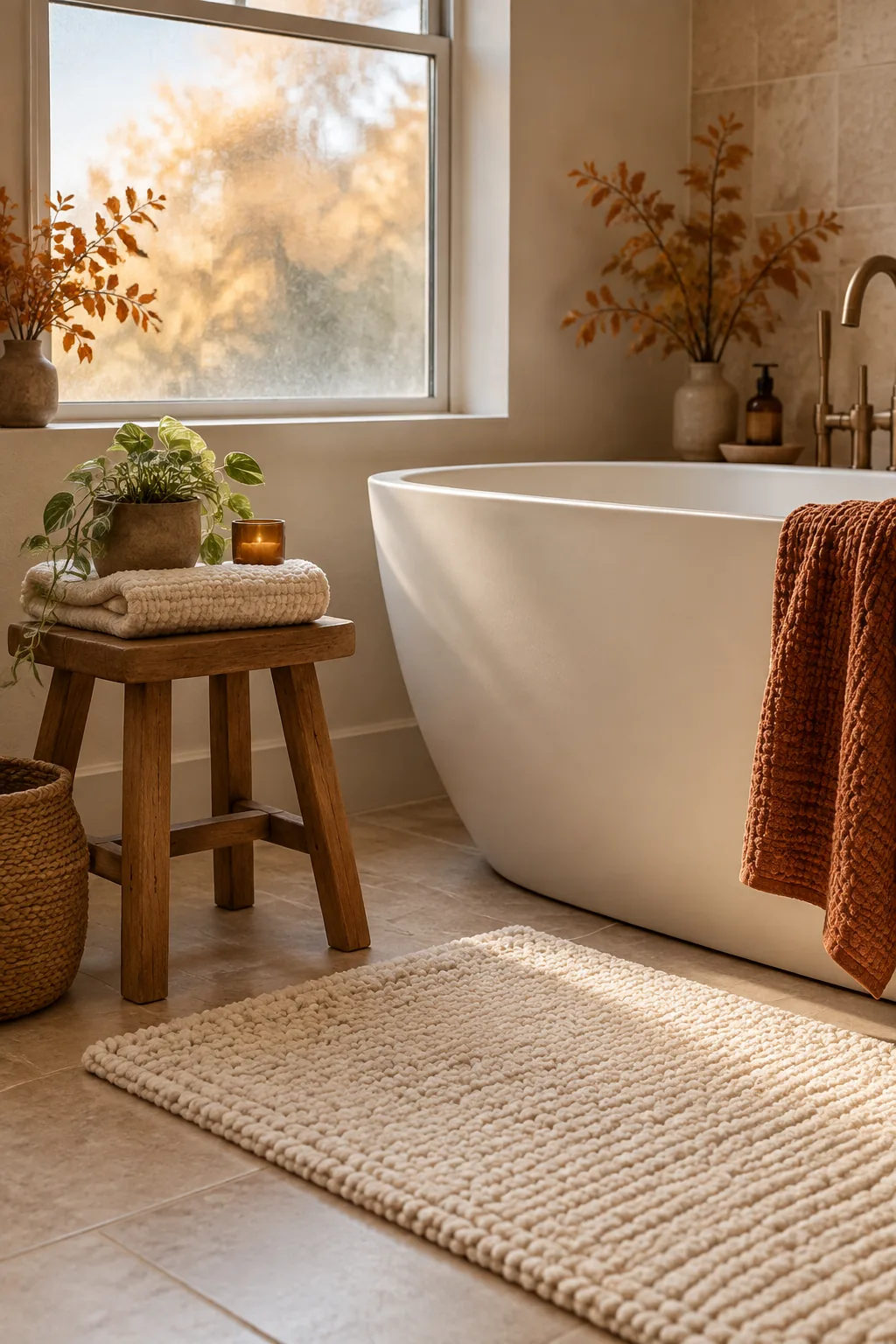 Illustrated wooden stool beside a bathtub holding a folded towel and a small plant, with a cream bath mat