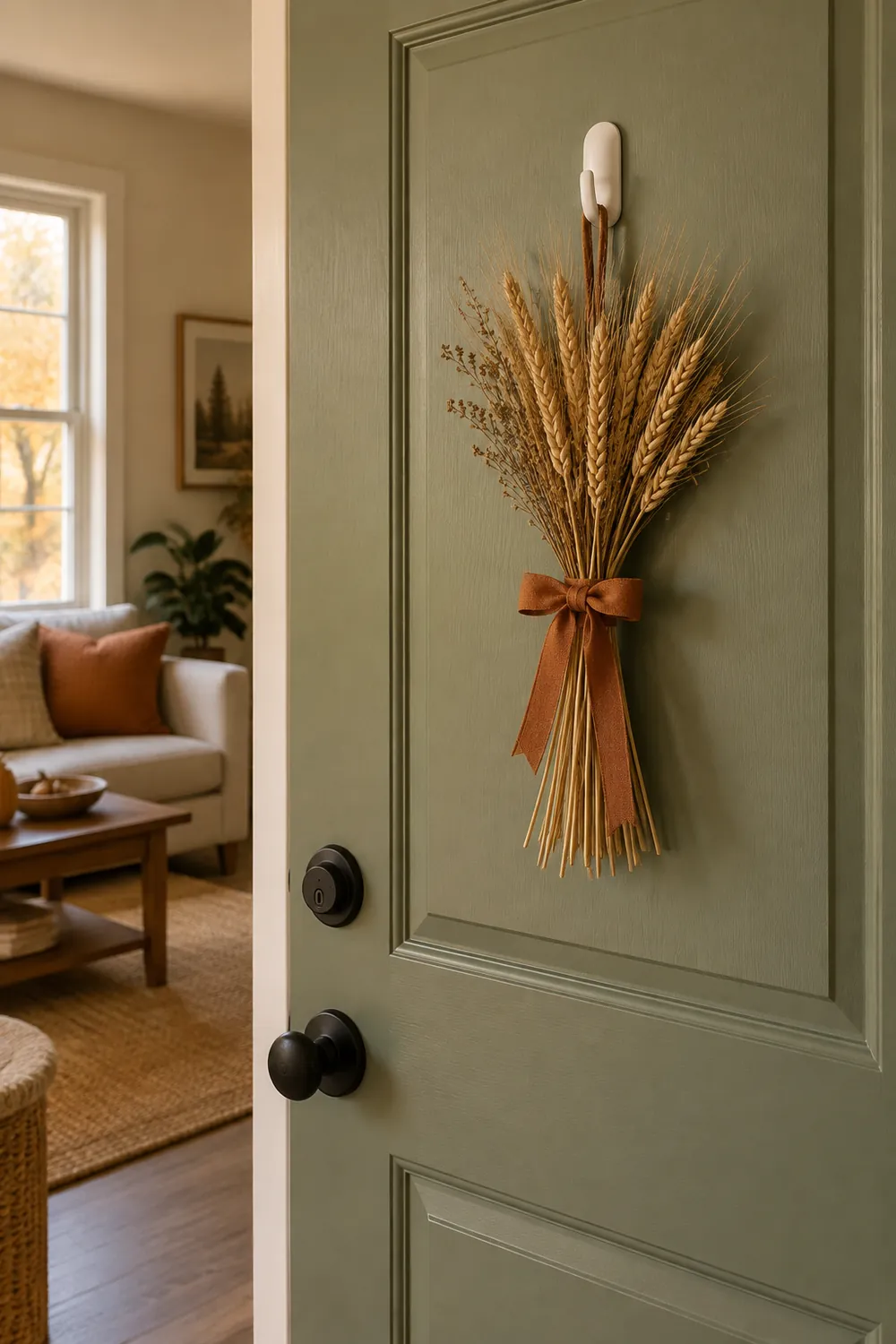 Dried wheat bundle tied with a ribbon on an adhesive hook on a sage green apartment door