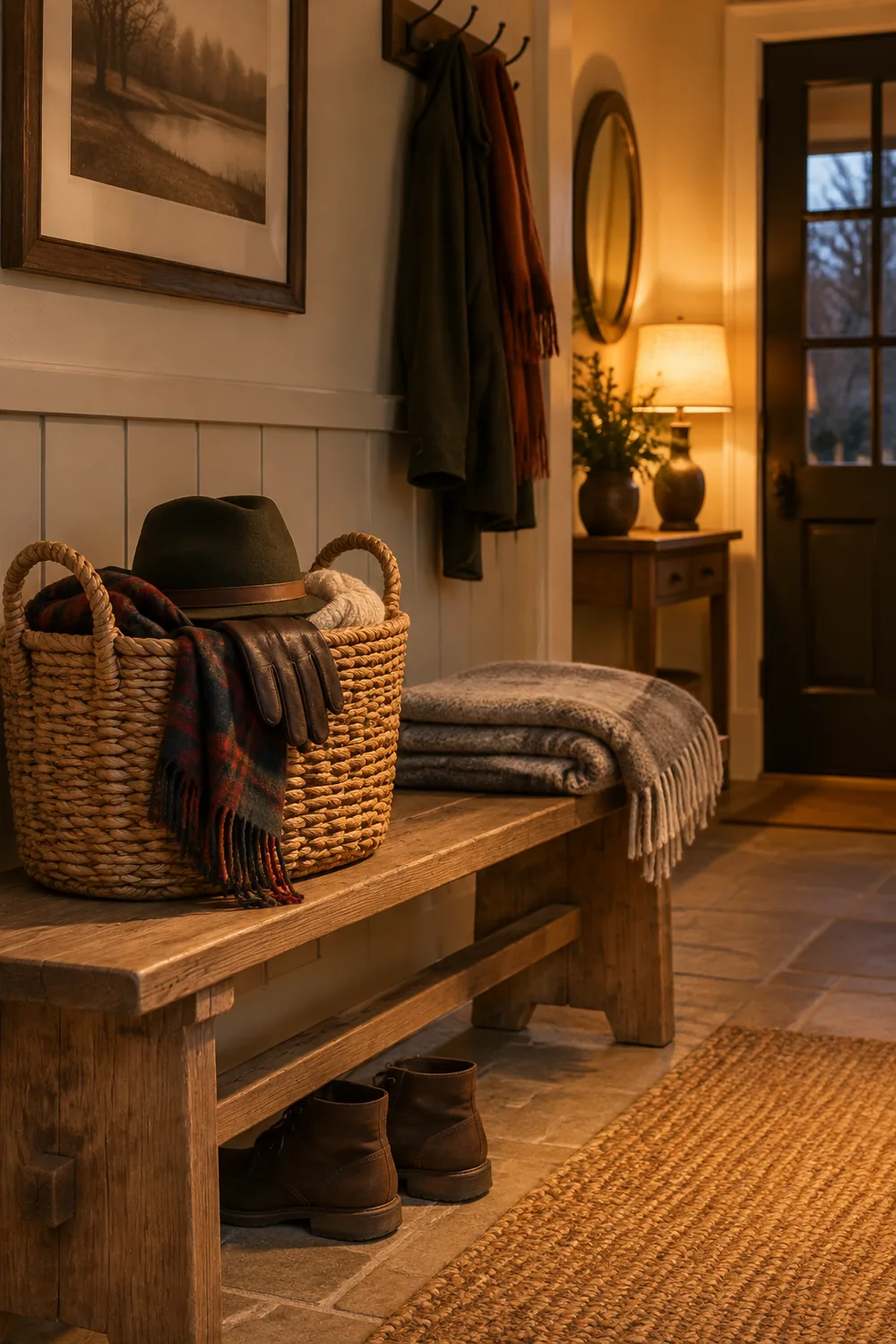 Entryway bench with a basket holding hats, gloves and scarves