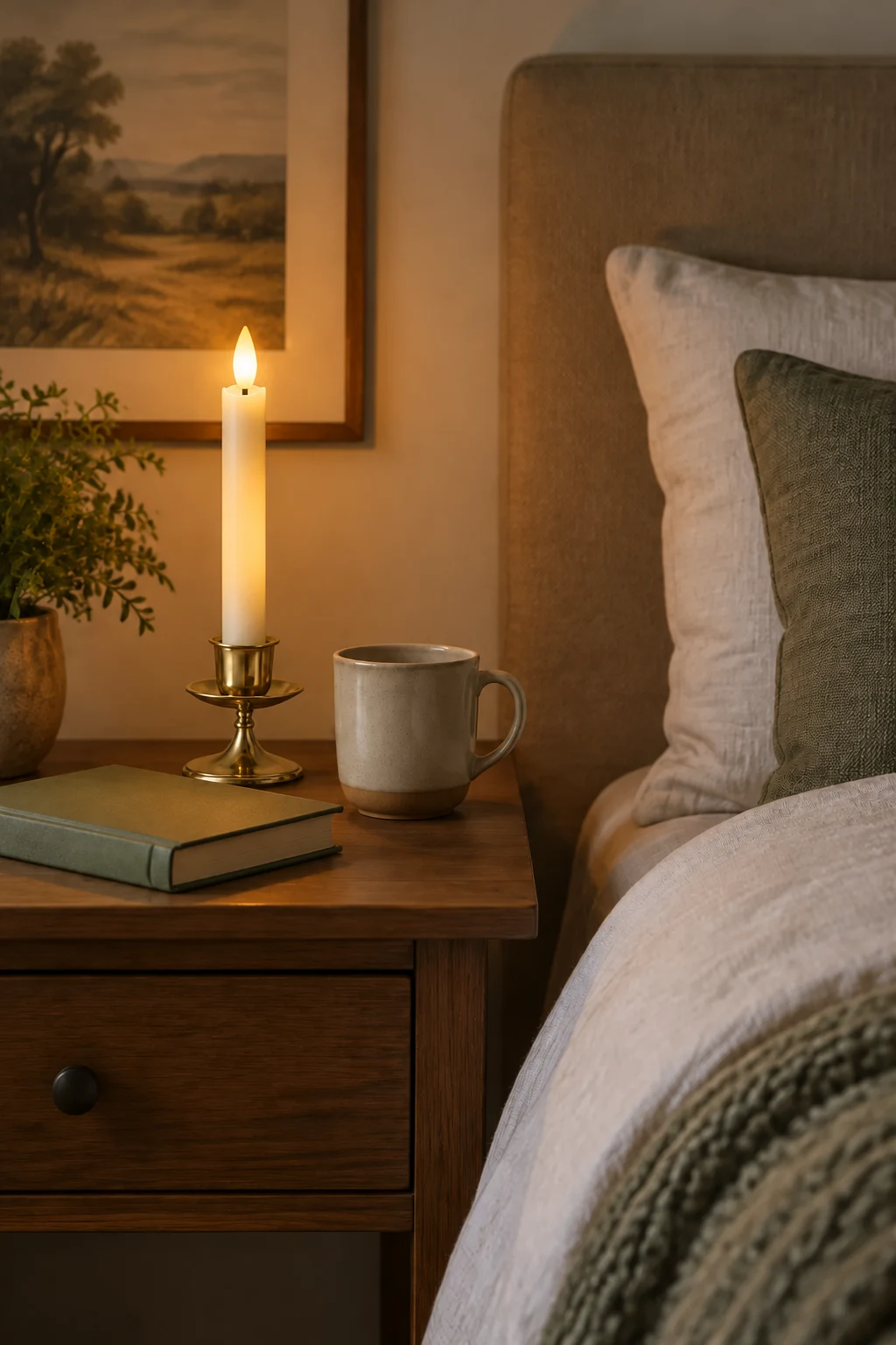 Bedside table with a flameless taper candle in a short holder, a book and a mug beside a made bed
