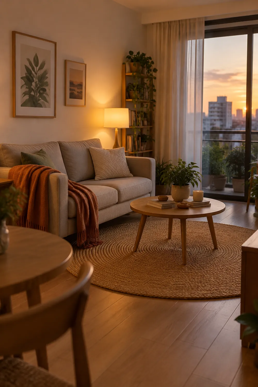 Round jute rug under a small coffee table with a two-seat sofa partly on the rug