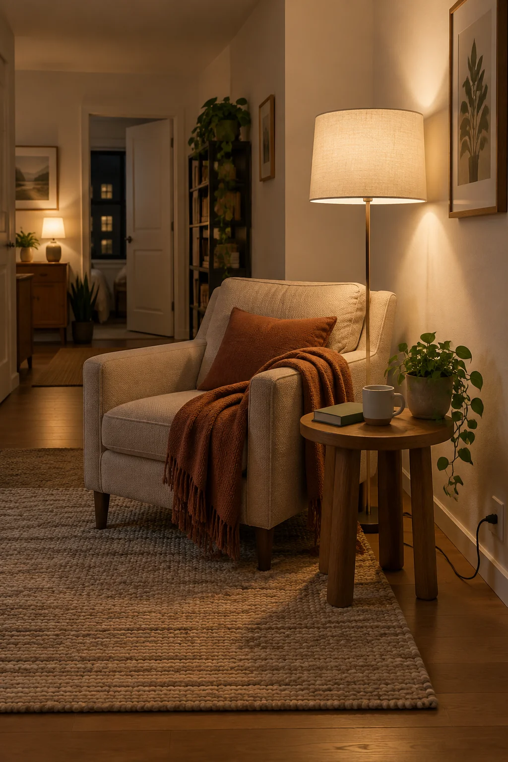 Illustrated reading corner with warm task and background lighting