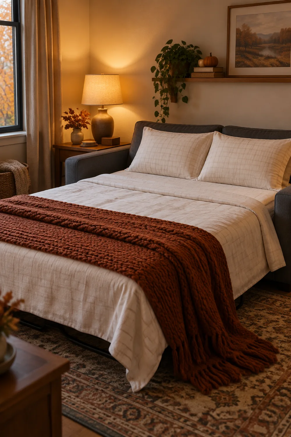 Sofa bed made up with flannel sheets, two pillows and a rust throw
