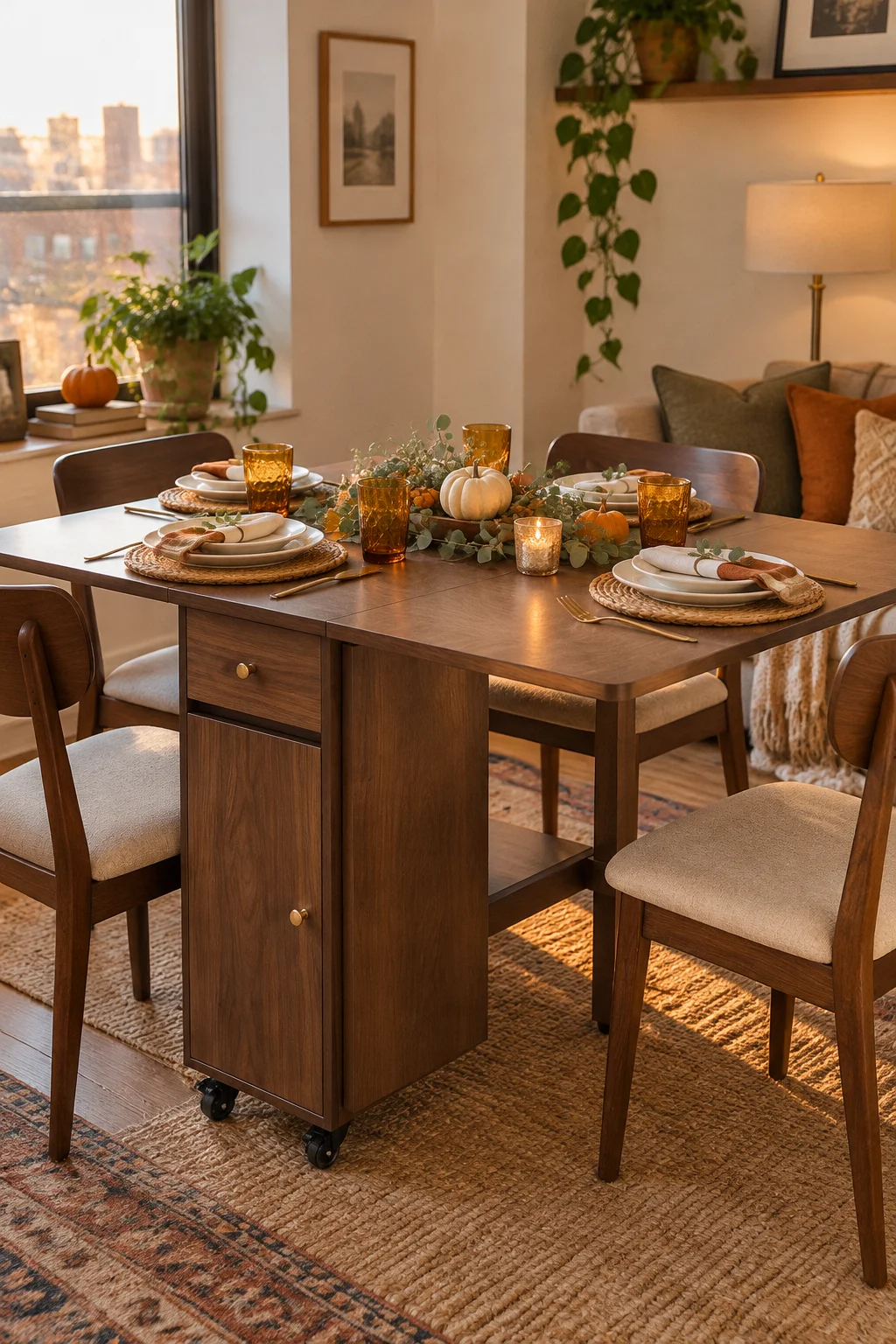 Drop-leaf dining table opened to seat guests in a small apartment